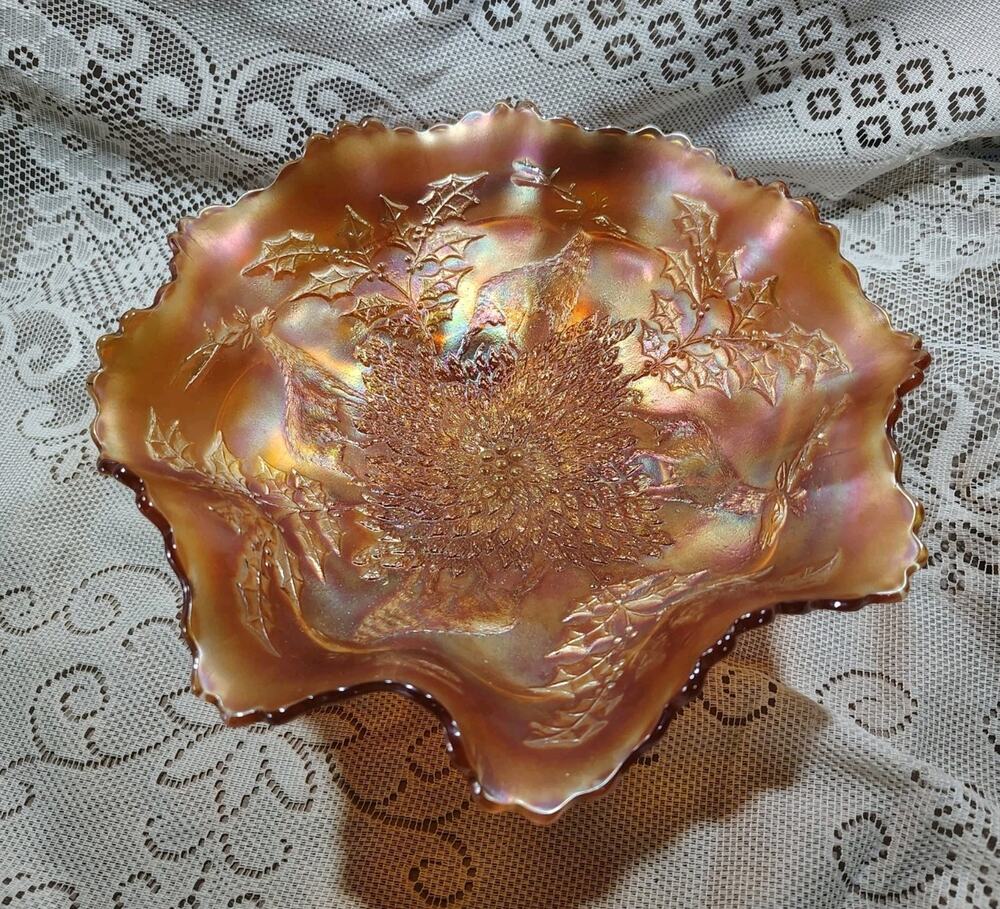 Fenton Marigold Carnival Stag / Deer Ruffled Footed Bowl